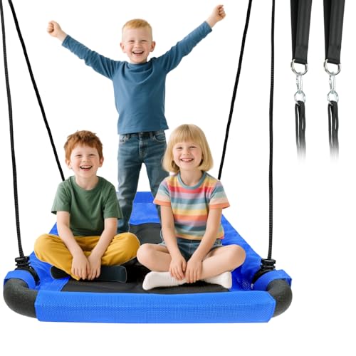 Image of CYFIE 38 inch Rectangle Platform Tree Swing for Kids, Anti-Fade and Breathable Textile Fabric Outdoor Swing Sets for Backyard with Adjustable Ropes and 2 Hanging Straps, Outdoor & Indoor Use (Navy Blue)