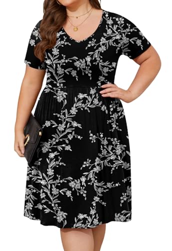 Image of DB MOON Women Plus Size Dresses 2026 Summer Casual V Neck Short Sleeve Knee Length Dress with Pockets