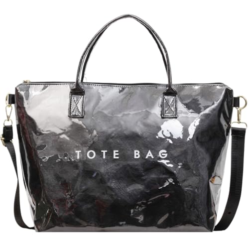 Image of PVC Tote Bag Gifts for Women Large Tote Purse Kraft Paper Letter Print Hobo Handbags for Work Beach Shopping Travel