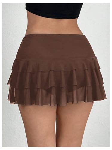 Women's Y2k Lace Mini Skirt Layered Ruffle Low Rise Flowy Short Skirt Ruched Cake Skirt2