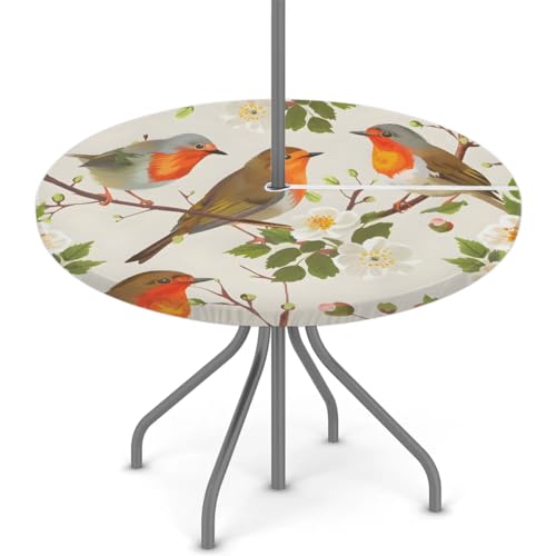 Tablerazzi Bird Round Outdoor Tablecloth with Umbrella Hole and Zipper Floral Bird Fitted Tablecloth Wipeable Table Cloth for Picnic Garden, 36''-44''
