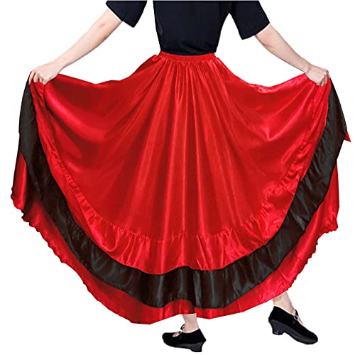 Women Black Red Layers Satin Long Skirt For Spanish Flamenco Belly Dance Gypsy Mexico Ballet Folklorico Performance Costume (Red Theme) #TOP1