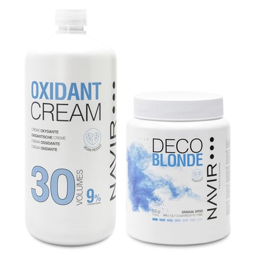 NAVIR Profesional | Pack decoloración cabello | Decoblonde polvo decolorante azul hasta 7 tonos con Keratina + Agua oxigenada en crema | Pelo mujer y hombre (Polvo 500g + Agua 1000ml 30 Vol)