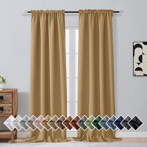 Image of Gold Blackout Curtains for Bedroom 96 Inches Long 2 Panels, Soft Fabric Solid Blackout Curtains, Room Darkening Living Room Window Treatments, Dual Rod Pocket Window Drapes, 2x40Wx96L Inches