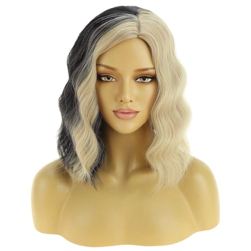 Image of BERON Black and Blonde Wigs for Women Short Curly Wavy Hair Wig Girls Mixed Color Synthetic Costume Cosplay or Use Wig