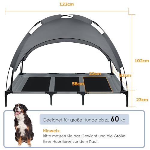 UISEBER Hundebett Erhöhtes Haustierbett 122 x 92 x 102 cm Hundeliege Outdoor mit Überdach für große Hunde bis 60 kg Wasserdicht Hundebetten für Innen und Außen Grau +Schwarz【XL】