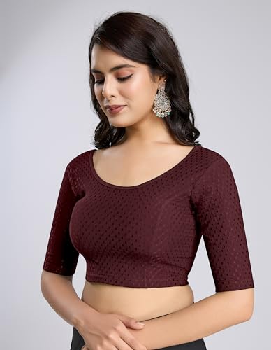 Image of TRENDMALLS Women's Dobby Pure Cotton Elastin Stretchable Readymade Round Neck Elbow Length Sleeves Blouse Choli Stylish Saree Blouse Ready to Wear