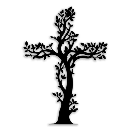 Cross Tree Leaf Metal Wall Decor - Christian Room Decor Wall Art Home Decor for Living Room Bedroom Dining Room Office Courtyard Garden (Black)