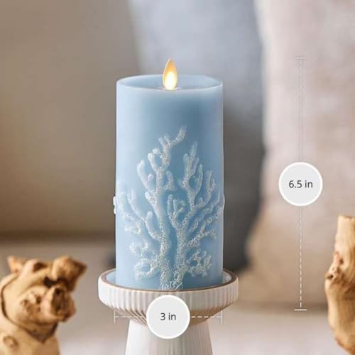 Image of Luminara Embossed Coral Flameless LED Candle Moving Flame Pillar, Unscented Real Wax with Recessed Edge 3 inch x 6.5 inch (Soft Chambray)