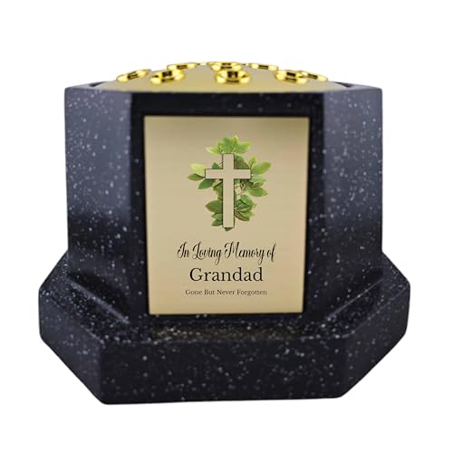 In Loving Memory Of Memorial Octagon Rose Bowl Grave Marker Flower Pot Vase With Cross Design Mum Dad & Lots More Black/Gold (UV PRINTED) (Grandad)