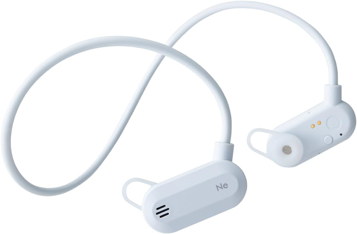 radius HP-H100BT Wireless Open-Ear Earphones in Blue Grey, worn by a person outdoors.
