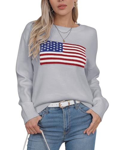 Image of Womens American Flag Sweater Long Sleeve Crew Neck Knitted Casual Pullover Sweater (Gray, Large)