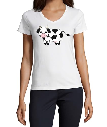 T-shirt vache mignon col v coton femme blanc XL respirant contre la chaleur