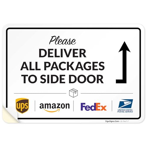 Image of Package Delivery Sign, Delivery Instructions Deliver All Package to Side Door Sign, 10x7 Inches, 4 Mil Vinyl Decal Stickers Weather Resistant, Made in USA