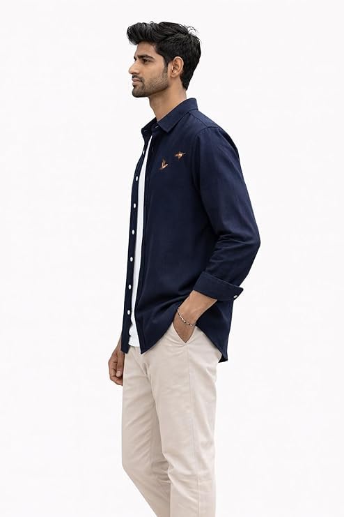 Image of Men's Cotton Blend Casual Wear with Bird Embroidery | Regular Fit Full Sleeve Button Down | Lightweight Summer Style for Daily, Office & Party
