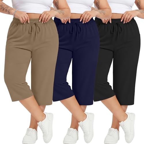 Neer 3 Pack Women's Plus Size Cotton Capris, Stretchy Wide Leg Cropped Pants with Pockets Fit Loose Lounge Pajama Sweatpants