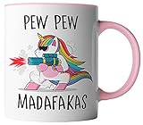 vanVerden Tasse - Pew Pew Madafakas - schießendes Einhorn - beidseitig Bedruckt - Geschenk Idee Kaffeetassen, Tassenfarbe:Weiß/Rosa