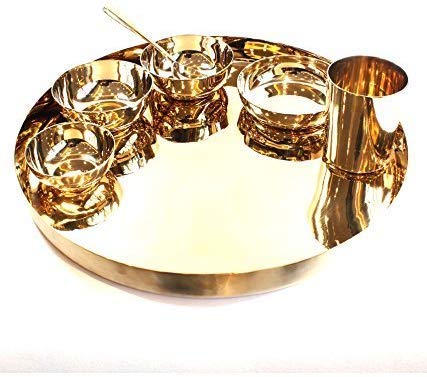 Aarav Art Villa Copper Traditional Dinner Set of Thali Plate, Bowls, Glass and Spoon Thali Set
