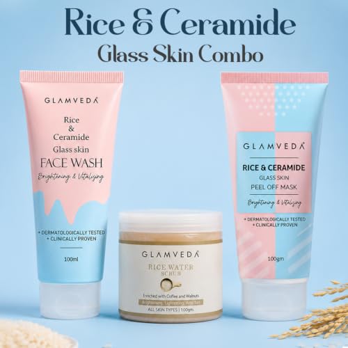 Image of Glamveda Korean Rice & Ceramide 3 Step Face Wash, Face Scrub & Peel Off Mask For Women & Men| Reduces Signs of Ageing & Skin Brightening | For Dry to Combination Skin Type