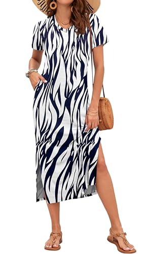 Image of MISFAY Womens Maxi Dress Short Sleeve V Neck Loose with Pockets | Soft stretchy breathable, v neck loose fit, side split hem, two side pockets, casual daily beach vacation travel dress