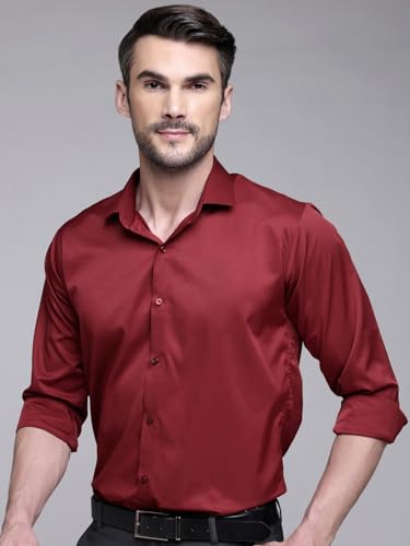 Image of IndoPrimo Men's Satin Shirt with Spread Collar Neck Line Solid Pattern Full Sleeves Regular Fit Western Style and Standard Length