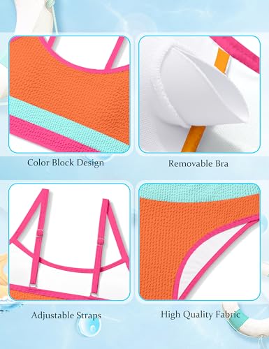 Image of Girls Bathing Suit Color-Block Adjustable Straps Bikini Sets Girls Two Piece Swimsuits with Chest Pad Swimwear 7-18T
