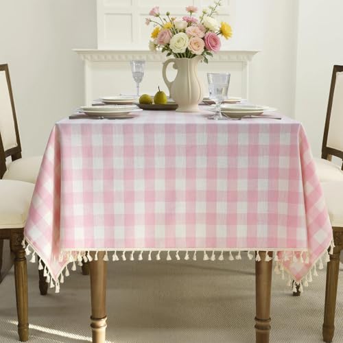 Romanstile Gingham Tassel Tablecloth Rectangle - 55 x 120 Inch, Pink