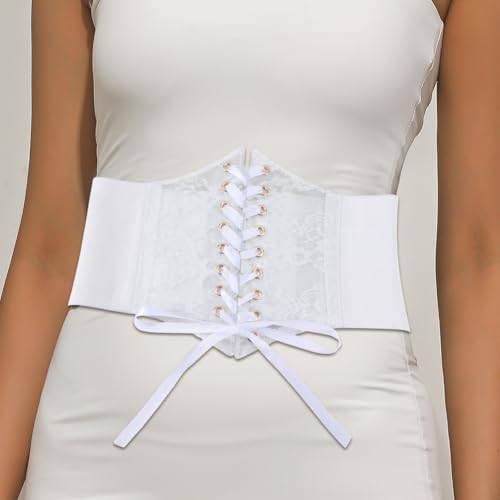 White Cinch Corset Lace Up Waist Belt Faux Leather Vintage Boho Bow Tie Wrap Wide Lace Elastic Trendy Waistband Belts Bulk for Women Dresses Shirts Clothing Costume Birthday Party Accessory4