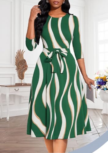 Image of Casual Dresses for Women Midi Church A-Line Fit and Flare Dress Crewneck 3 /4 Sleeve Party Dress