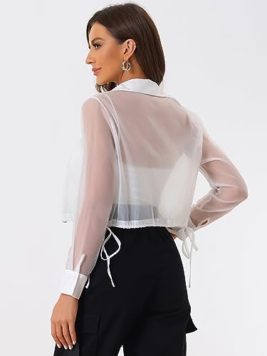 Allegra K Women's See Through Top Long Sleeve Drawstring Hem Button Down Cropped Mesh Sheer Jacket4