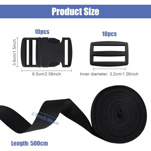5M Polypropylen Gurtband 25mm mit 10 Paare Schnallen und Verschlüsse, Einstellbare Kunststoff Steckschnalle, Klickverschluss für DIY Handwerk Rucksack Umreifung Tasche Gurtband Gepäck Befestigung