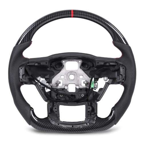 OVAQUIXI Volante de Fibra de Carbono Calefaccionado, Hidroimpresión para rapto r 2017-2020 Diseño de Cuero Perforado con Fondo Plano y Costuras Rojas