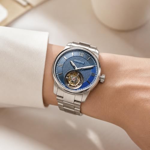 OBLVLO Men's Luxury Automatic Tourbillon Watch, Open Heart Mechanical Watch with Sapphire Crystal, Stainless Steel Case, Blue Dial, Bracelet Steel Strap, Elegant Dress Watch — view 6