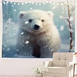 Batmerry Winter New Year Tapestry, Polar Bears Forests Snow Wall Art Hanging Decoration Polyester Fiber White Ruffled Around for Dorm Room Bedroom Living Room, 39.1x59.1 inches