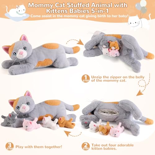 Image of 5 Pieces Cat Stuffed Animals with Babies Inside Belly - 1 Mommy Stuffed Cat with 4 Kittens - Stuffed Kitty Plush Toys for Kid Age 3-8, Gift Ideal for Christmas, Valentine's, Birthday (Grey)