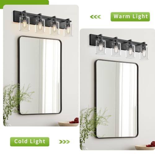 Image of Bathroom Vanity Light, 4 Light Matte Black Light Fixture with Thickened Seeded Glass Shade, 30 inch Modern Wall Sconce,Vanity Lights Over Mirror for Bathroom