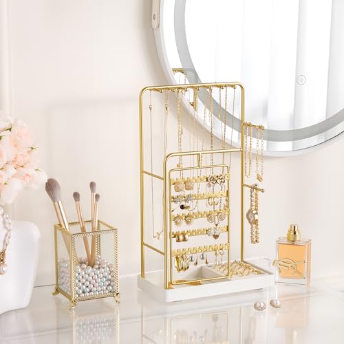 ProCase Jewelry Display Stand Holder, Jewelry Organizer and Storage with Velvet Ring Tray, Rotating Earring Display Bracelet Necklace Holder, Aesthetic Gifts Room Dorm Decor for Teen Girls -Gold2