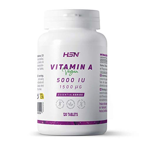 Vitamina A 5000 UI de HSN | 120 Tabletas de 1500 MCG Pura Vitamina A procedente de Acetato de Retinol Esterificado de Máxima Estabilidad | No-GMO, Vegano, Sin Gluten