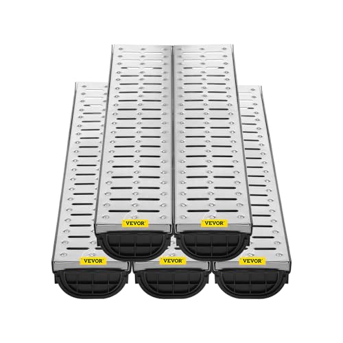 VEVOR Trench Drain System 5 Pack Channel Drain with Metal Grate 5.7 x 3.1 in HDPE Drainage Trench Black Plastic Garage Floor Waterway 5 x 39 in with 5 End Caps for Garden Driveway