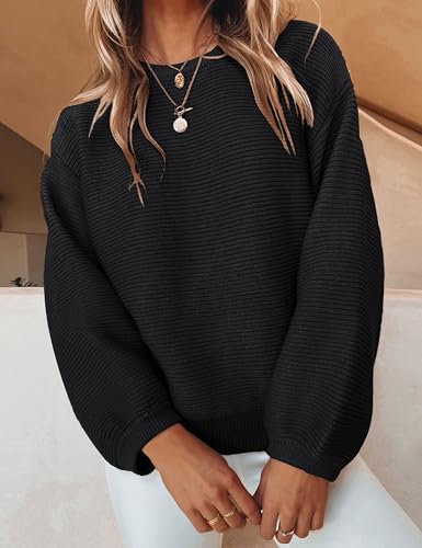 Image of ZESICA Women's Crew Neck Long Lantern Sleeve Fall 2026 Casual Loose Ribbed Knit Solid Soft Pullover Sweater Tops