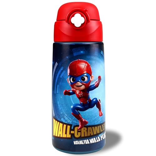 Kiocko Kids Insulated Water Bottle with Covered Pop-Up Straw,16oz Kids Cups with Stainless Steel Leak Proof for School Boys Girls (Superhero)