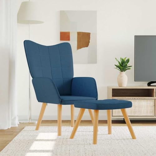 Kaloriko Sillón de relax con taburete azul tapizado de tela silla con reposabrazos y respaldo de madera y metal para salón, dormitorio, oficina, relajación y lectura