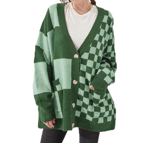 Womens Open Front Long Sleeve Chunky Knit Cardigan Sweater Color Block Checkered Knit Cardigan Sweaters Coat