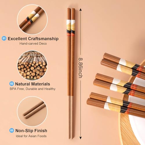 Image of MFJUNS Natural Wood Chopsticks 5 Pairs Set, Chinese Style Vintage Pattern Reusable Chopsticks, 9.5 Inch Non Slip Solid Wood Chop Sticks, No Paint No Wax, for Sushi Ramen Hot Pot Kitchen Daily Dining