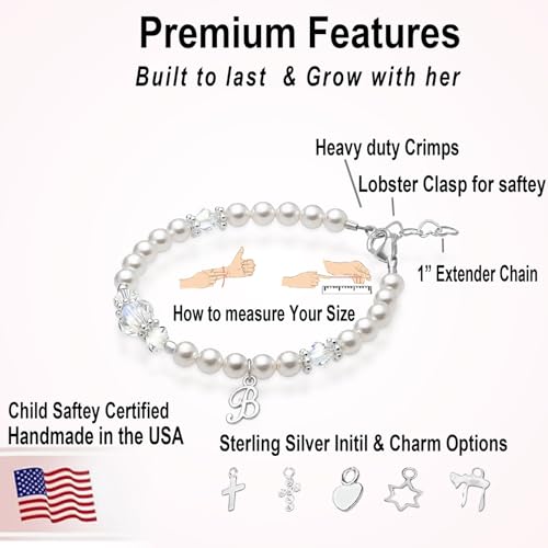 Image of Baby Crystals Sterling Silver White Pearl Initial Bracelet for Baby Girls I A-Z Letter Charm I Baptism, Birthday, Keepsake Jewelry for Newborn, Infant, Toddler, Teen, Mommy I Bracelets for women
