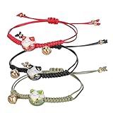 Vaguelly 3 Piezas Pulsera Maneki Neko Ajustable Gato con Campana Pulsera Japonesa para Fortuna y Decoración de Muñeca