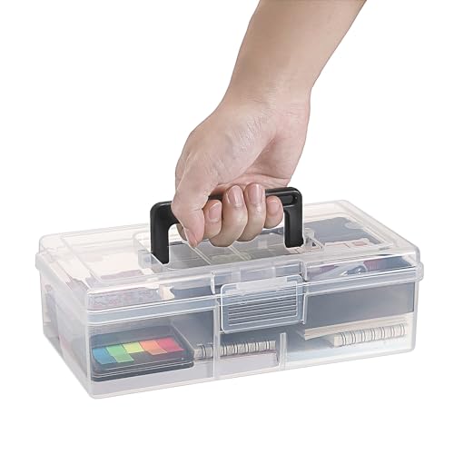Image of BTSKY Clear Plastic Storage Box with Removable Tray Multipurpose Stationery Storage Box with Handle Handy Sewing Box Art Craft Supply Organizer Home Utility Box (Light Black)
