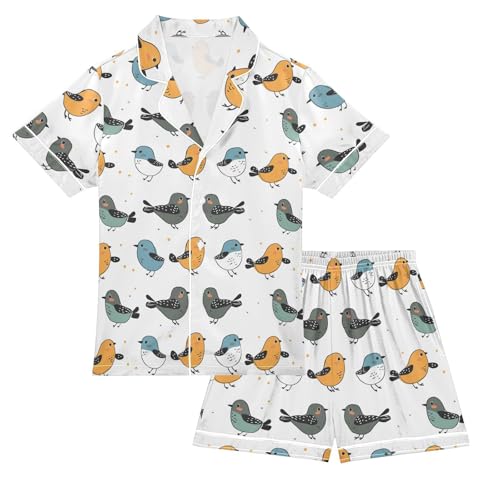 ALAZA Cartoon Bird Polka Dot Pajamas Satin Pajama Set Short Sleeve Button Down Sleepwear