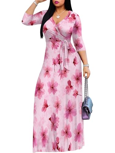 Image of SUZONANA Plus Size Dresses for Women Floral Print Maxi Dress Flowy 3 /4 Sleeve with Belt