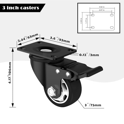 Roues à roulettes,3 Ensemble de roulettes de pouce 4 Grossesse avec frein, sans marques de plancher Roulettes de verrouillage silencieux avec polyuréthane (PU) Roues, Roulettes en plaques pivotantes 4
